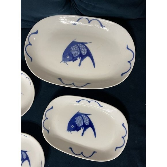 Vintage 7 Piece Blue White Koi‎ Fish Misty Rose Dish Set platter plate. - Picture 2 of 4